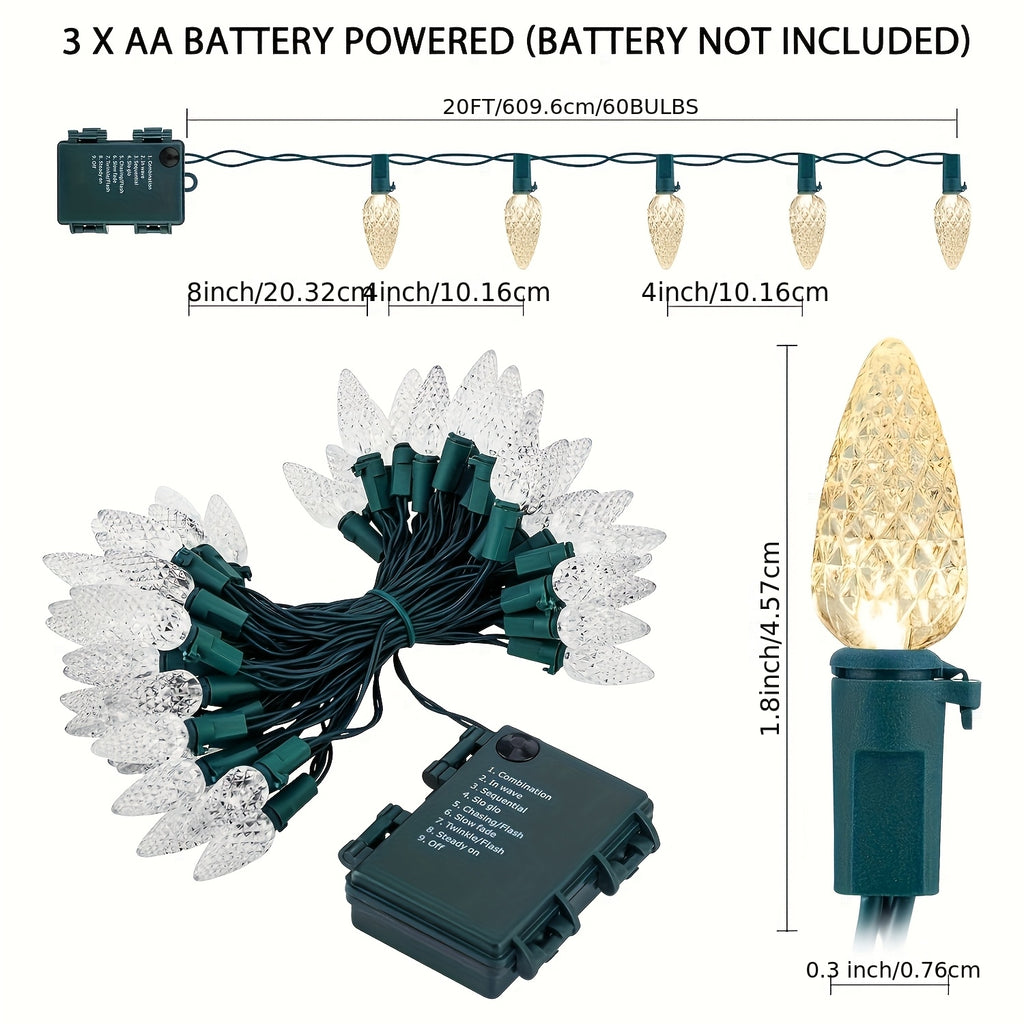 电池供电串灯 - 20英尺60颗LED C6串灯，防水耐用暖光/多彩，室内外圣诞树花环派对装饰