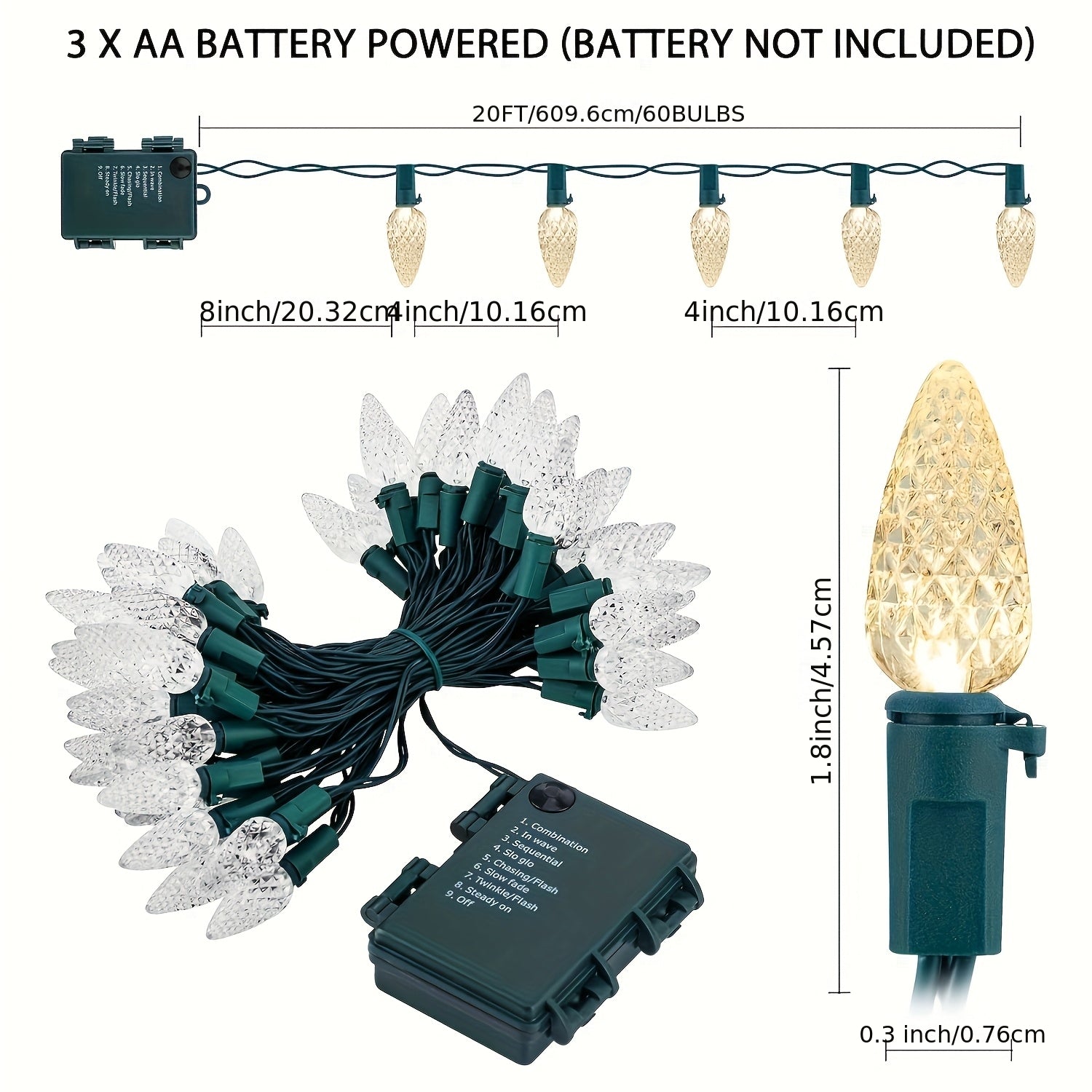 电池供电串灯 - 20英尺60颗LED C6串灯，防水耐用暖光/多彩，室内外圣诞树花环派对装饰