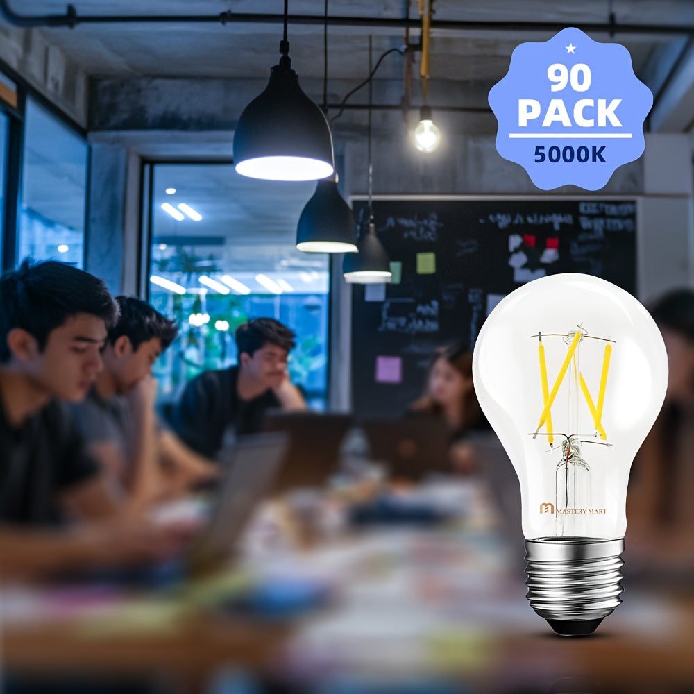 90-pack (5W/40W equivalent) dimmable LED bulb - A19 clear glass tube, E26 screw base, 5000K daylight white, CRI 80+, high energy efficiency, suitable for office and dimmable fluorescent replacement (cost-effective)
