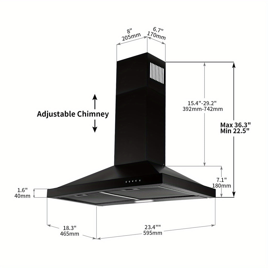 Wall-Mounted Range Hood – 24 Inches, Stainless Steel Stove Vent, Aluminum Filter, 3-Speed Exhaust Fan, LED Light, Push-Button Control, Black Finish