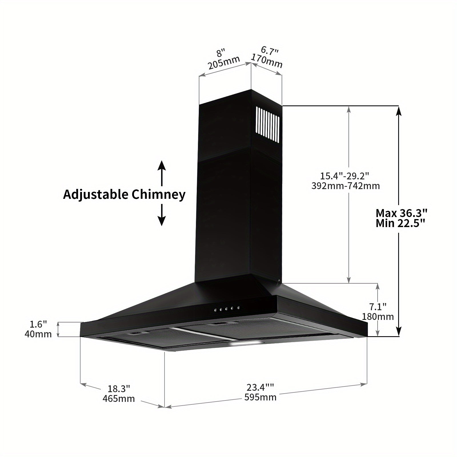 Wall-Mounted Range Hood – 24 Inches, Stainless Steel Stove Vent, Aluminum Filter, 3-Speed Exhaust Fan, LED Light, Push-Button Control, Black Finish