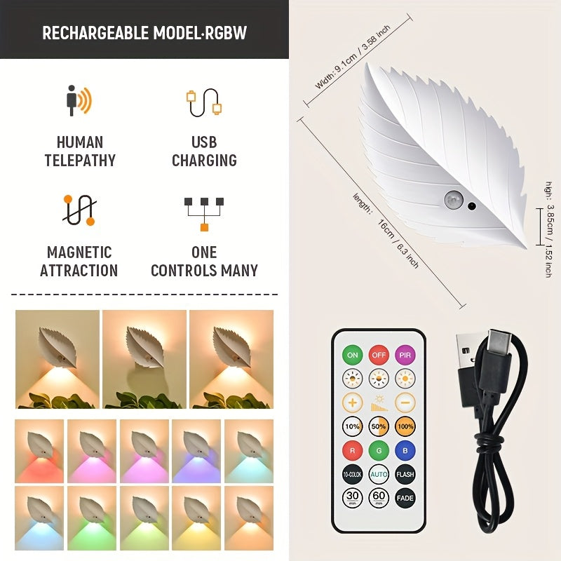 1Pcs LED Leaf Shape Spotlight, Rechargeable Motion Sensor Wall Light, RGB Color Ambient Lamp, Warm Night Light, Stepless Dimmable Magnetic Remote Wall Light for Bedroom Living Room Corridor Stairway