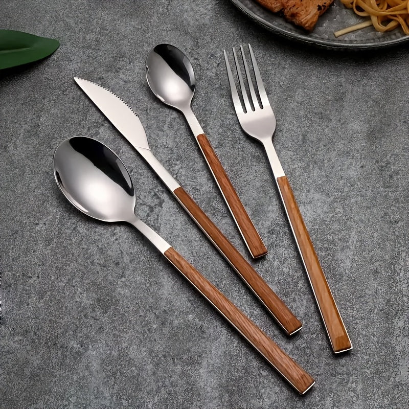 12-Piece Stainless Steel Cutlery Set with Faux Wood Handles – Includes Knives, Forks, Spoons & Coffee Spoons – Dishwasher Safe – Perfect for Home, Catering, Hotel Parties, Weddings