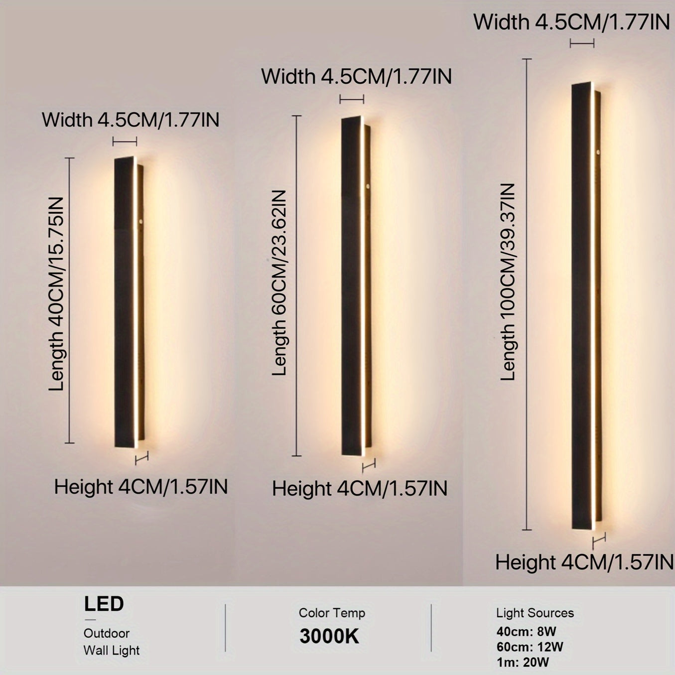 1-Piece 15.75/23.62/39.37 Inch Warm White Outdoor Long Wall Light, Modern Black LED Wall Light, Indoor Bar Wall Light, 8/12/20W Modern Outdoor Wall Light Fixture, Suitable for Living Room, Porch, Garage Door, Courtyard
