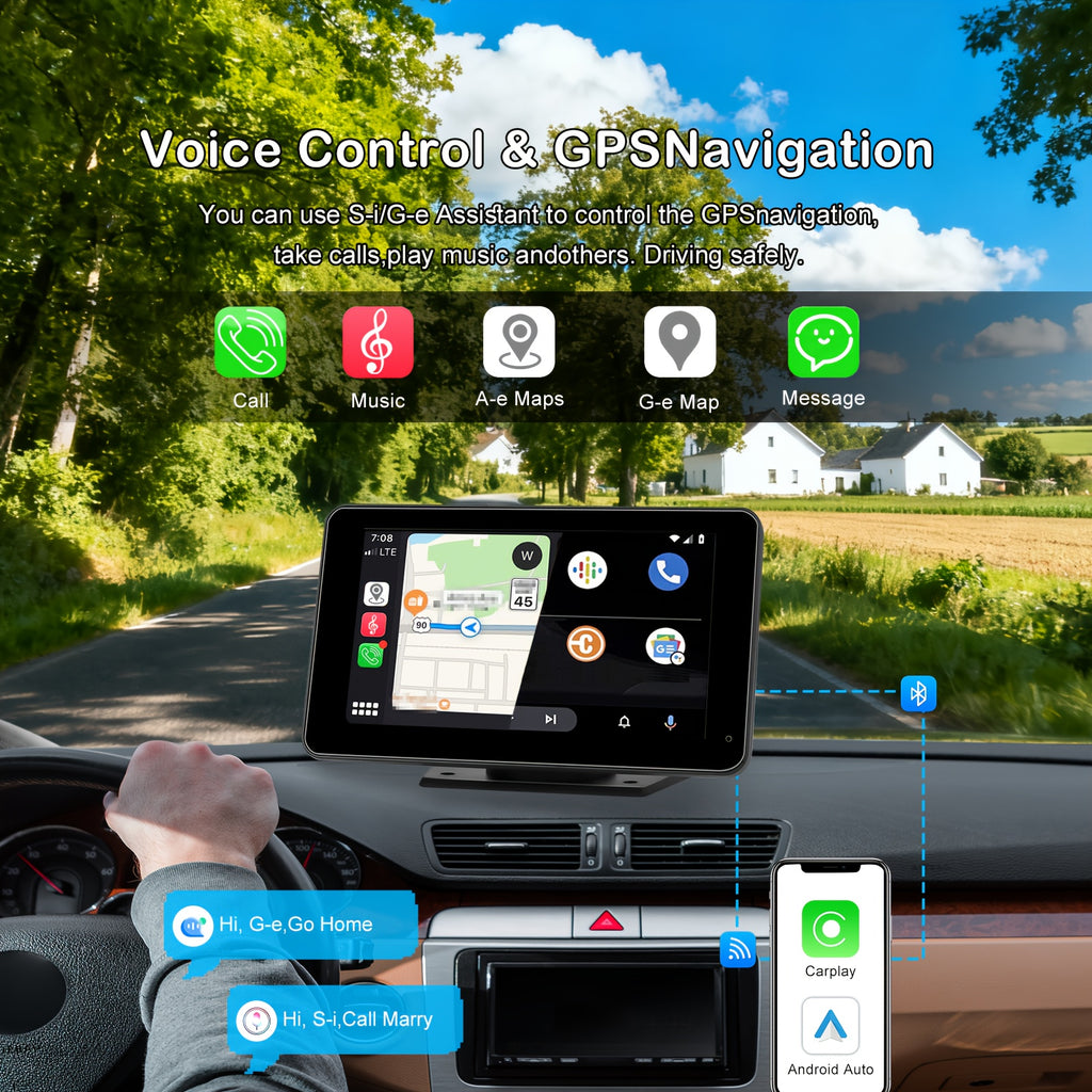 Plympton 7-Inch Portable Car Carplay Display, Android & Carplay Dual System Car Touchscreen, 2026 Portable Car Navigation System, Car Display, Multimedia Functions, Voice Control, Bluetooth Connection, Screen Mirroring