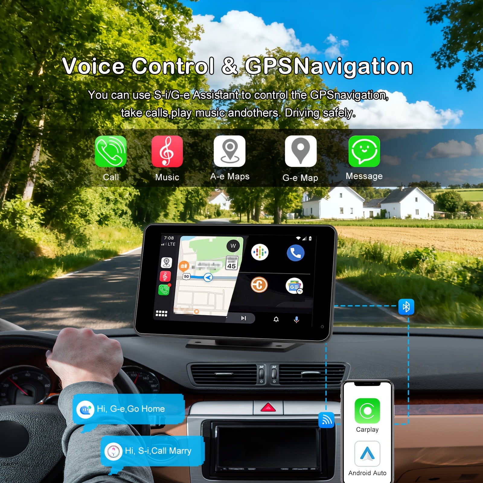 Plympton 7-Inch Portable Car Carplay Display, Android & Carplay Dual System Car Touchscreen, 2026 Portable Car Navigation System, Car Display, Multimedia Functions, Voice Control, Bluetooth Connection, Screen Mirroring