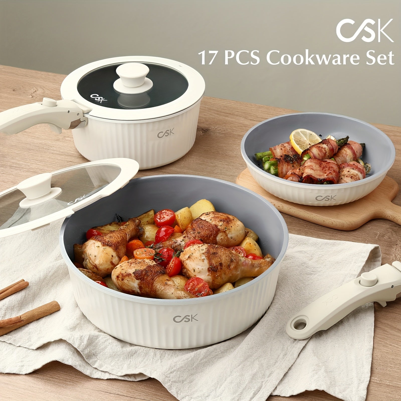 17-Piece Cookware Set with Removable Handle Non-Stick Pots – Non-Stick Kitchen Cookware Set with Detachable Handle – Induction Cooktop Compatible for Camping – Oven & Dishwasher Safe