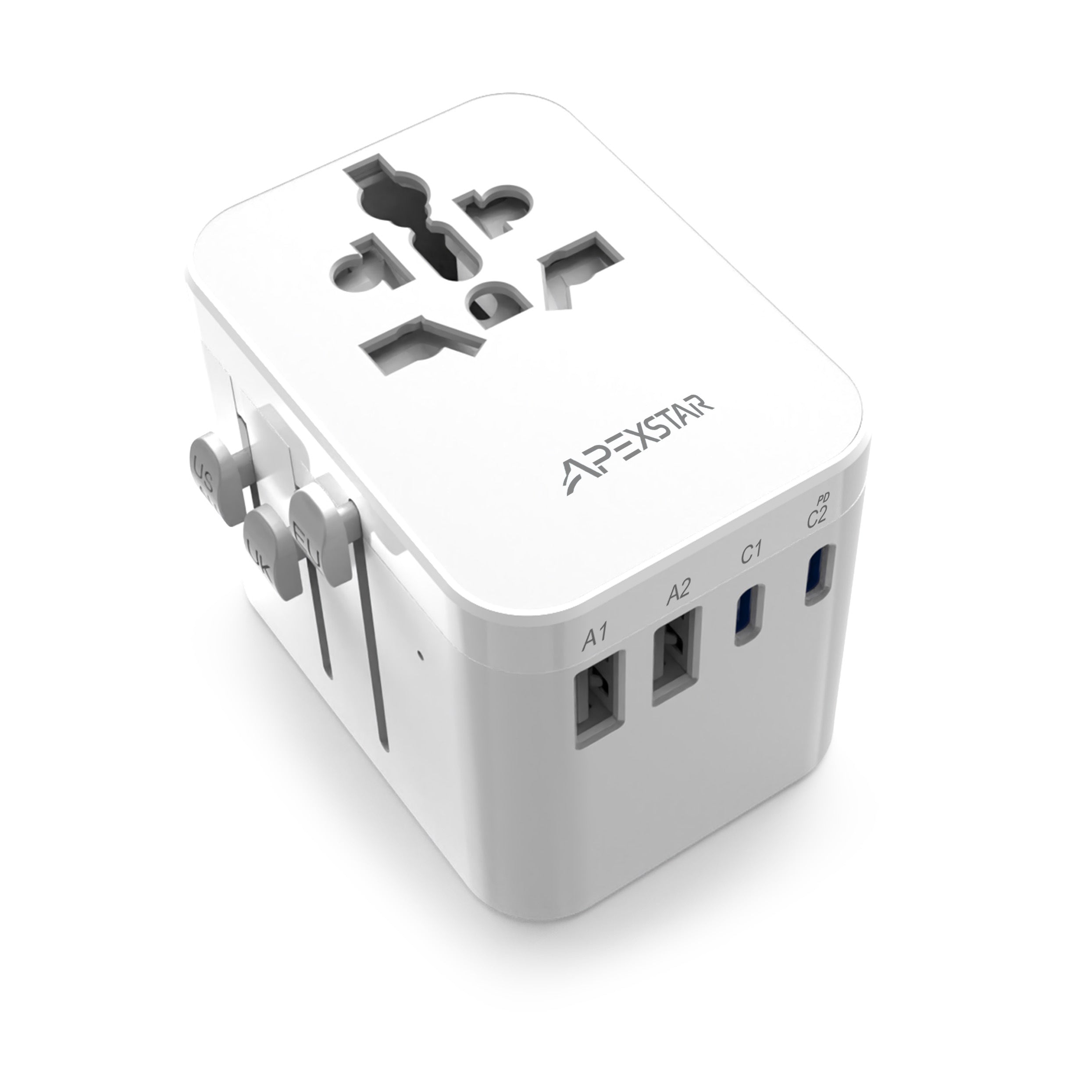 Apexstar Global Travel Adapter: A Must-Have for Travel Charging with PD & QC 3.0 Dual USB-C And 2 USB Travel Ports/ Multi-Country Compatible with Overload, Short-Circuit & Over-Temperature Protection/ Multiple Safety Features for Worry-Free Charging