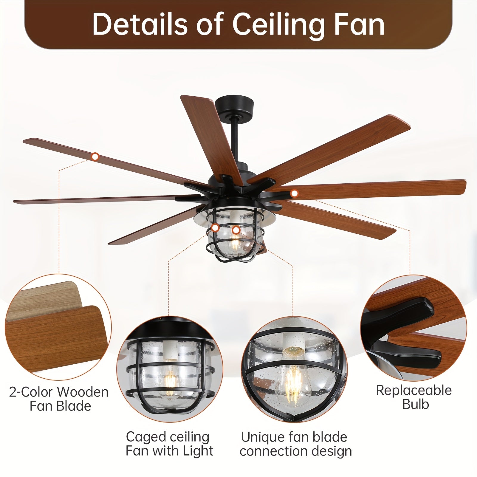 Sofucor 66 Inch Large Ceiling Fan with Light, 8 Blades Ceiling Fan with E26 Bulb & Remote Control, Ideal for Living Room & Dining Room, Ceiling Fan with Light