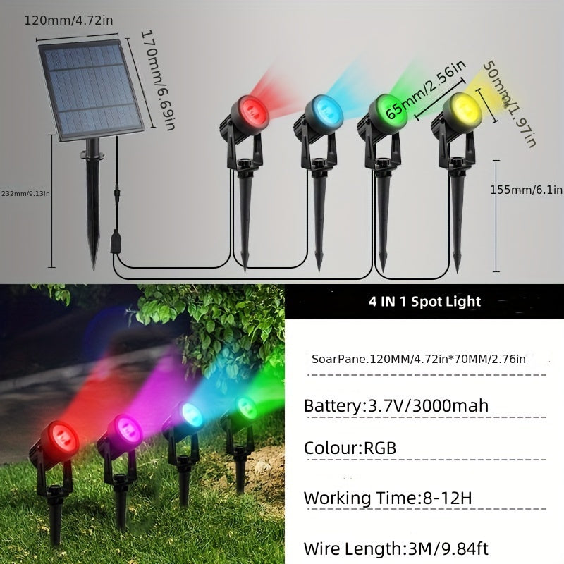 A set of outdoor solar spotlights suitable for Christmas and Halloween, with RGB color cycling, LED landscape lighting, 9.8 ft cable, separate solar panel, and dusk-to-dawn function, can be used to illuminate driveways, walkways, and pool areas