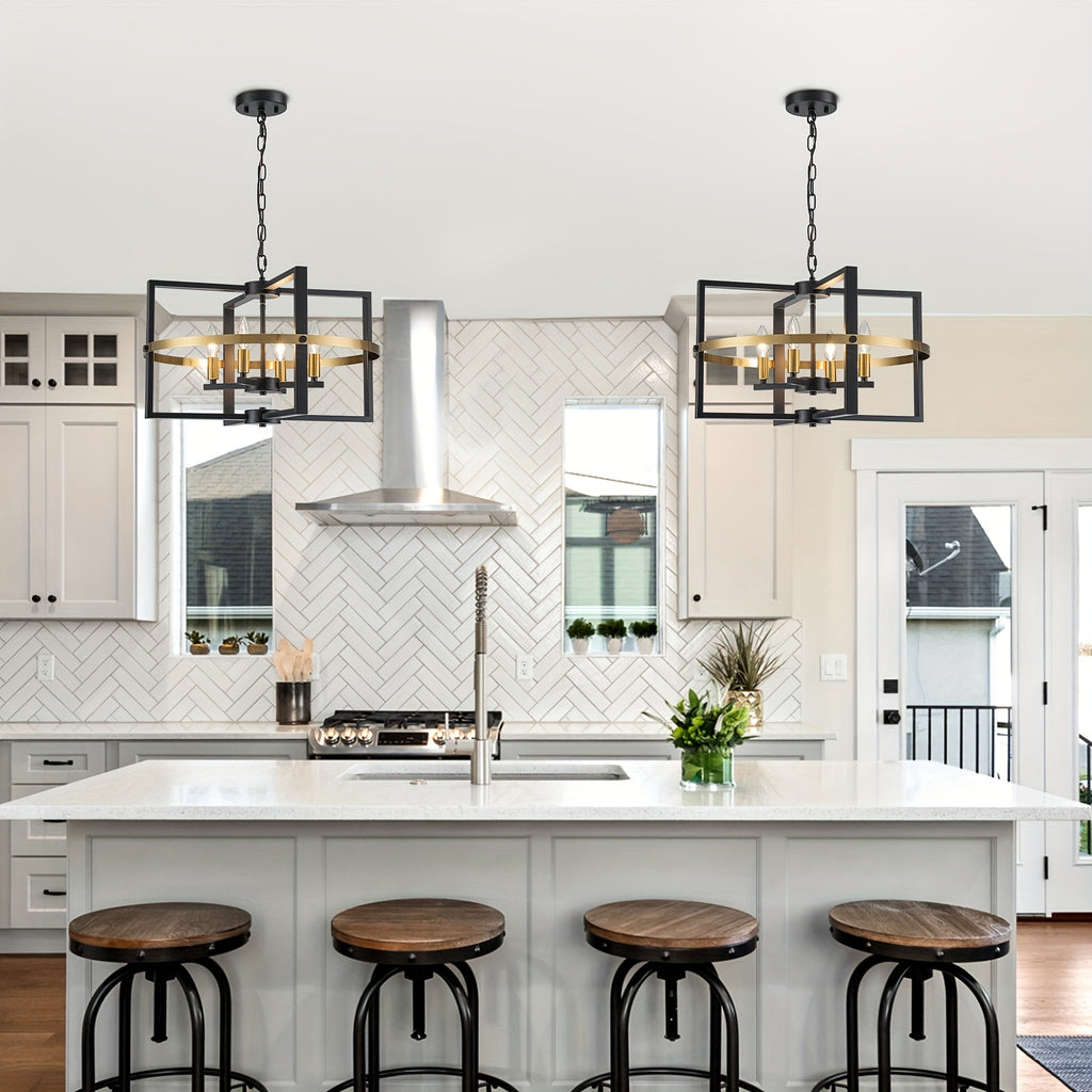 21.26-inch black gold modern farmhouse industrial pendant light - 4-light adjustable geometric design hanging lamp, polished metal + E12 bulb, suitable for kitchen island, dining room, front door entry, bedroom, dining room chandelier