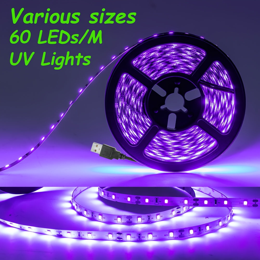 39.3-708.6英寸(1-18米) UV黑色条形灯，直流5V，USB插头，波长：385-400纳米，60个LED/米，非常适合照明画作、化妆品、染料、夜光派对、荧光海报、游戏室、自动售货机、展览厅