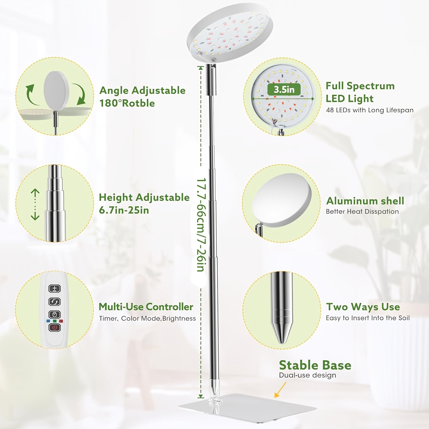 Full Spectrum Indoor Plant Grow Light, 48 LED Plant Lamp for Indoor Plants, 2 Installation Methods, 3 Optional Spectral Modes, 3/9/12H Timer, 10 Dimmable Brightness Levels