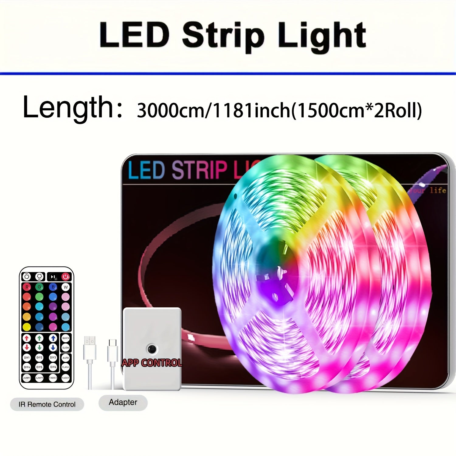 100英尺 RGB LED灯带，带App和遥控器，可同步音乐实现动态颜色变化，非常适合装饰卧室、厨房、派对