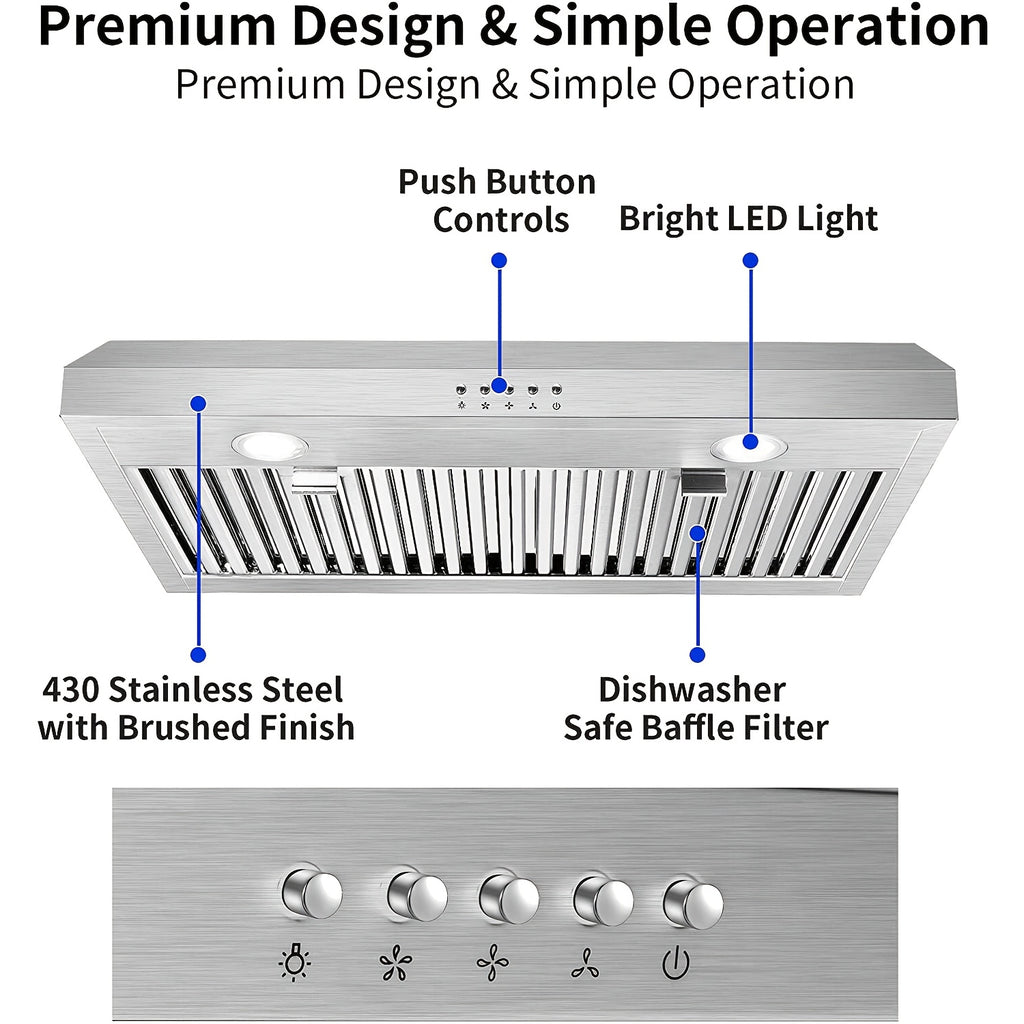 30-Inch Under-Cabinet Chimney, 3 Ventilation Modes, Stainless Steel Chimney, Under-Cabinet Chimney 3-Speed Fan, Kitchen Ventilation Chimney 30-Inch, Baffle Filter, LED Light
