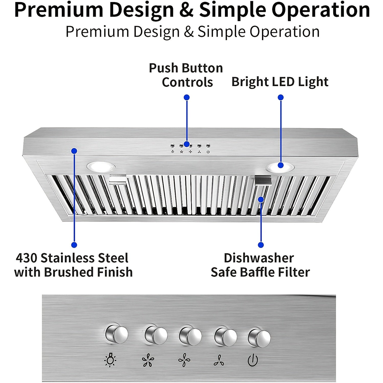 30-Inch Under-Cabinet Chimney, 3 Ventilation Modes, Stainless Steel Chimney, Under-Cabinet Chimney 3-Speed Fan, Kitchen Ventilation Chimney 30-Inch, Baffle Filter, LED Light