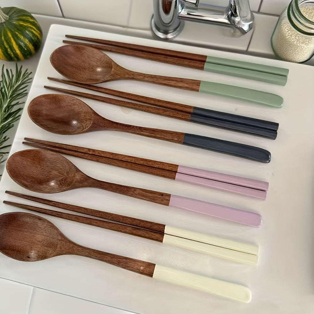4-Piece Japanese Macaron Color Series Wooden Long Handle Colored Spoon & Chopstick Set – Handmade Reusable Cutlery Set – Essential for Christmas, Halloween, Easter Holidays – Durable Home Tableware Necessity – Perfect for Kitchen & Dining Room/