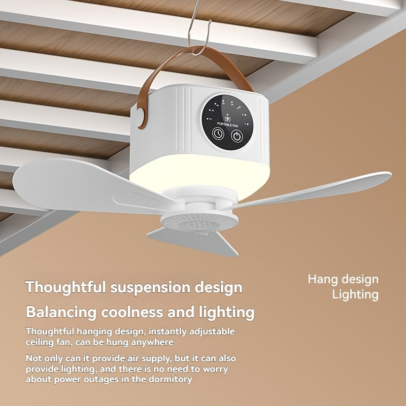 Portable Camping Ceiling Fan, Equipped with LED Light & Remote Control, USB Rechargeable, 4-Speed Adjustable Fan with 3 Small Night Lights, Suitable for RV, Truck, Tent, Travel & Camping