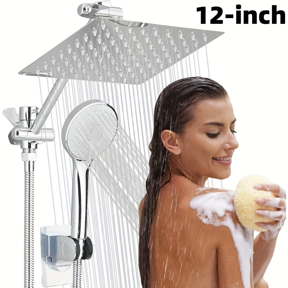 High Pressure Rain Shower & Handheld Combo - 4 Settings, 13" Extension Arm, 78" Hose, Fully Adjustable Height & Angle