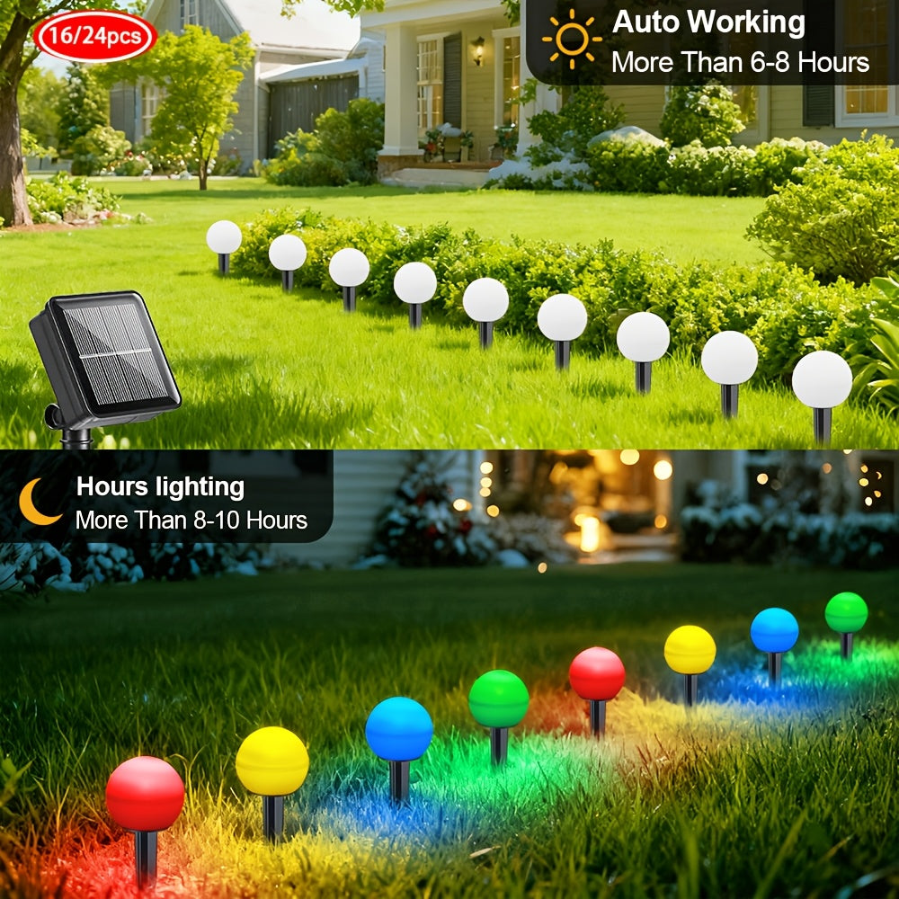 16/24PCS Solar LED Colorful Ball Christmas Lawn Light, Christmas Garden Light, Ground Insert Light, 8 Lighting Modes, IP44, Decorative Light for Christmas, New Year, Valentine's Day Party, Suitable for Garden, Courtyard, Path, Lawn, Driveway Decoration