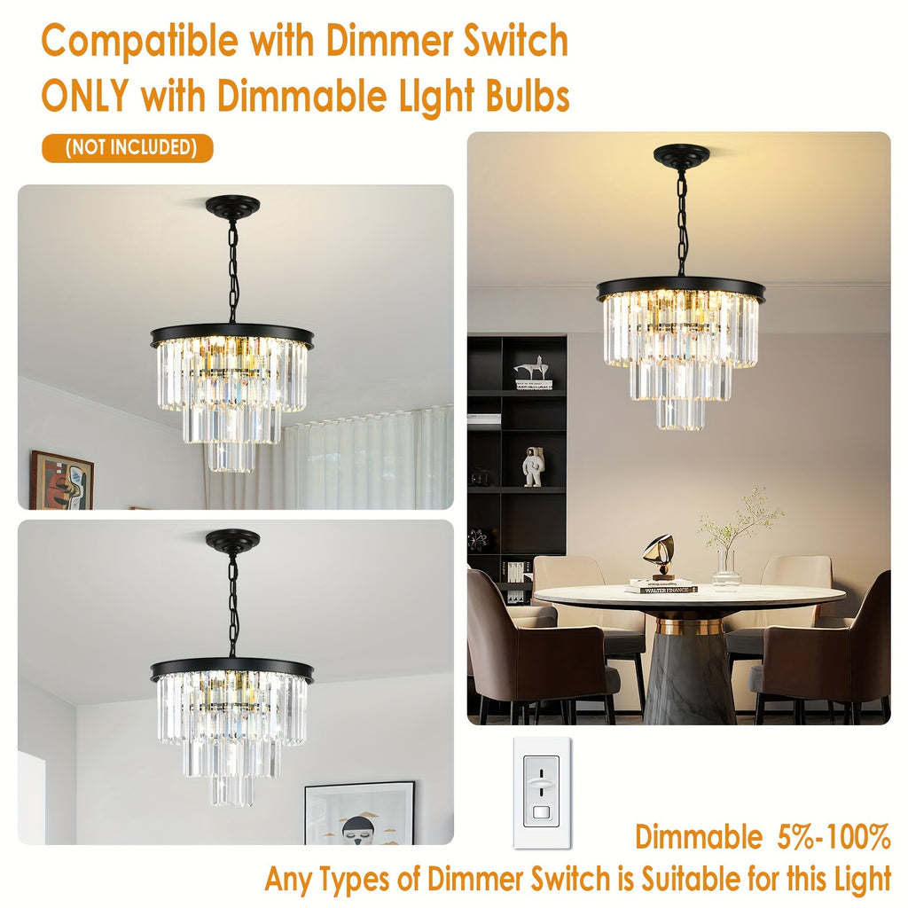 Modern Crystal Chandelier Gold 15.7-Inch Round Pendant Light, 7-Light Ceiling Chandelier Fixture for Dining Room, Raindrop Luxury Black Flush Mount Chandelier for Entryway Living Room