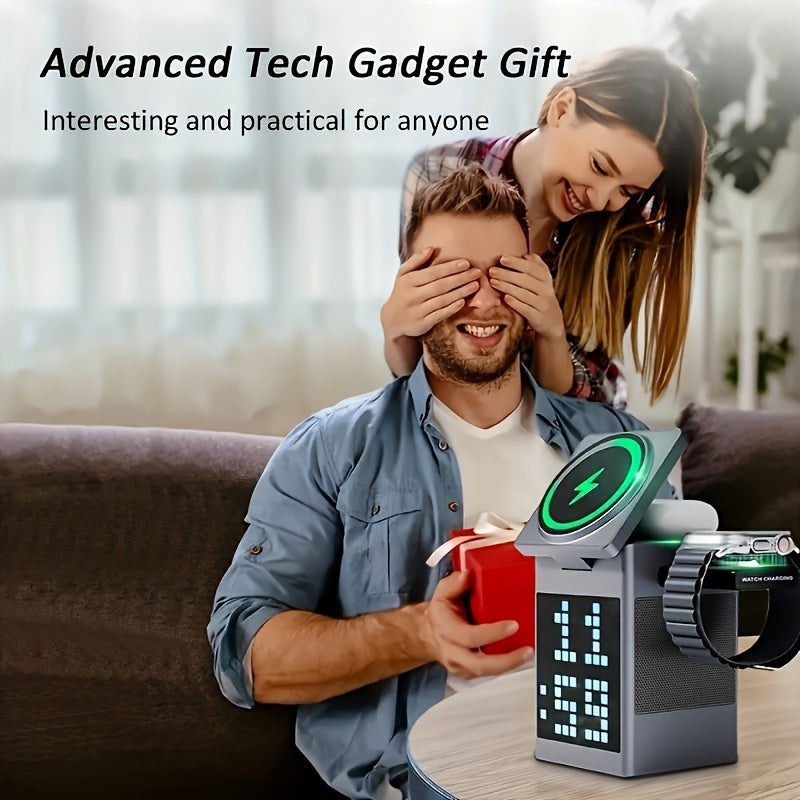 3-in-1 Quick Wireless Charging Station with BT Speaker and Alarm Stand, Battery Charger and Adapter
