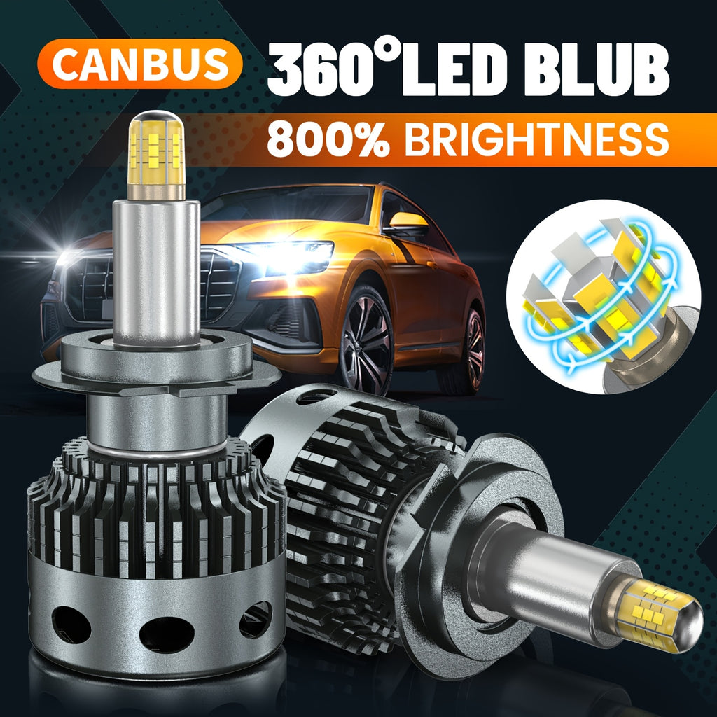 1 Pair 360 LED Headlight H1 H7 H8 H9 H11 CANBUS 9005 HB3 9006 HB4 D1S D2S D3S D4S Car Bulbs 6000K White Light Headlamp, No Battery Included