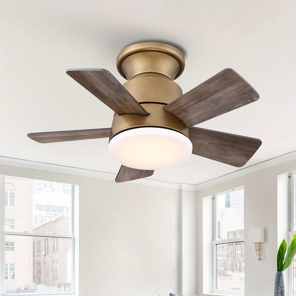 24 Inch Integrated LED Flush Mount Ceiling Fan, Indoor Natural Brass Gold/Brushed Nickel/Bronze Ceiling Fan with Light and Remote Control