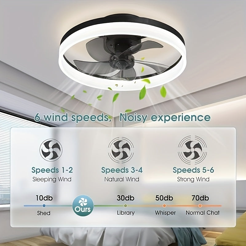 A modern metal ceiling fan, size from 15.75 inches to 19.7 inches, with light. Very suitable for bedrooms, studies and living rooms. It has six wind speeds, adjustable brightness, and is versatile and easy to install.