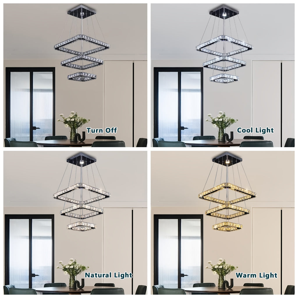 Modern Square Ring Crystal Chandelier, Height Adjustable Ceiling Light (Cool White Light)