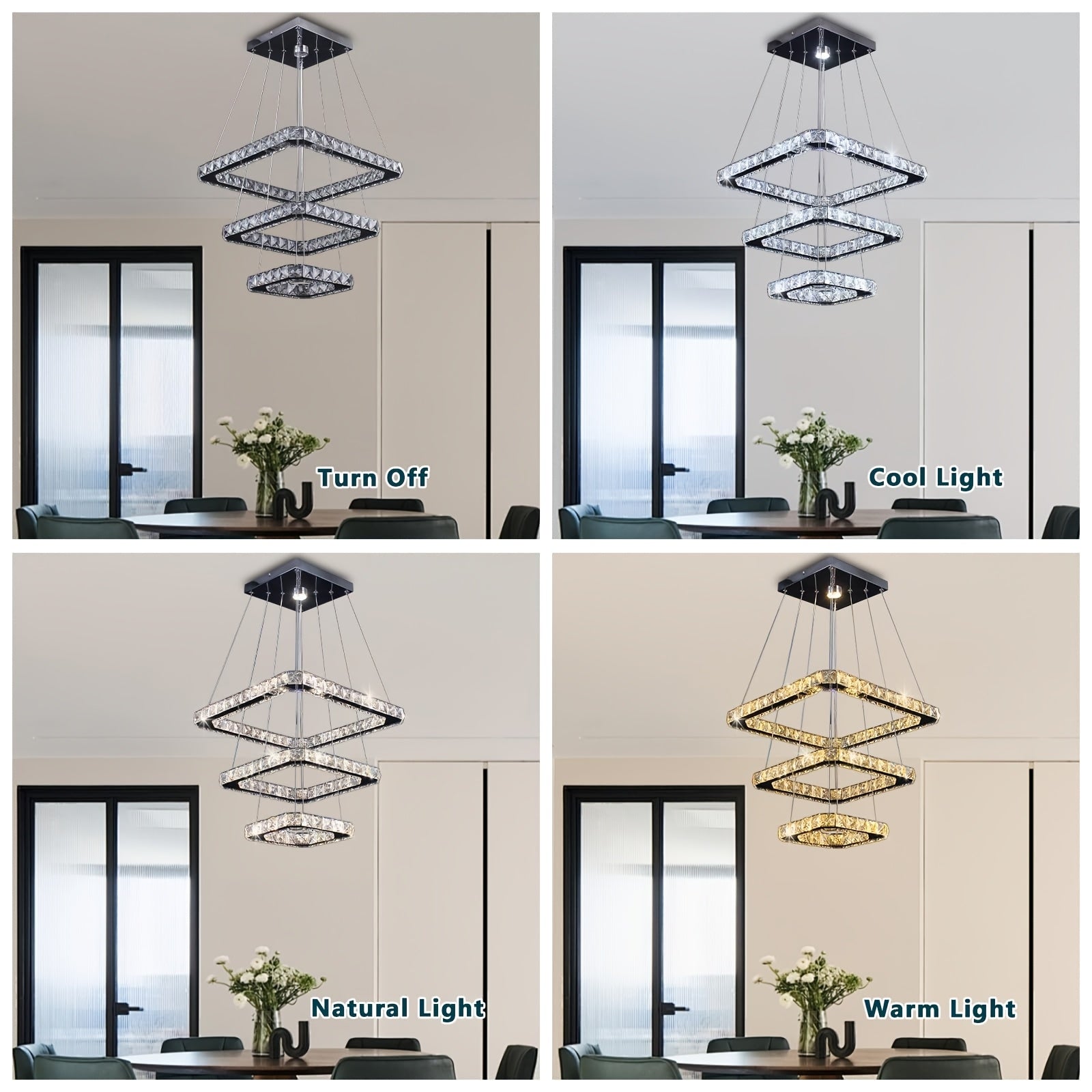 Modern Square Ring Crystal Chandelier, Height Adjustable Ceiling Light (Cool White Light)