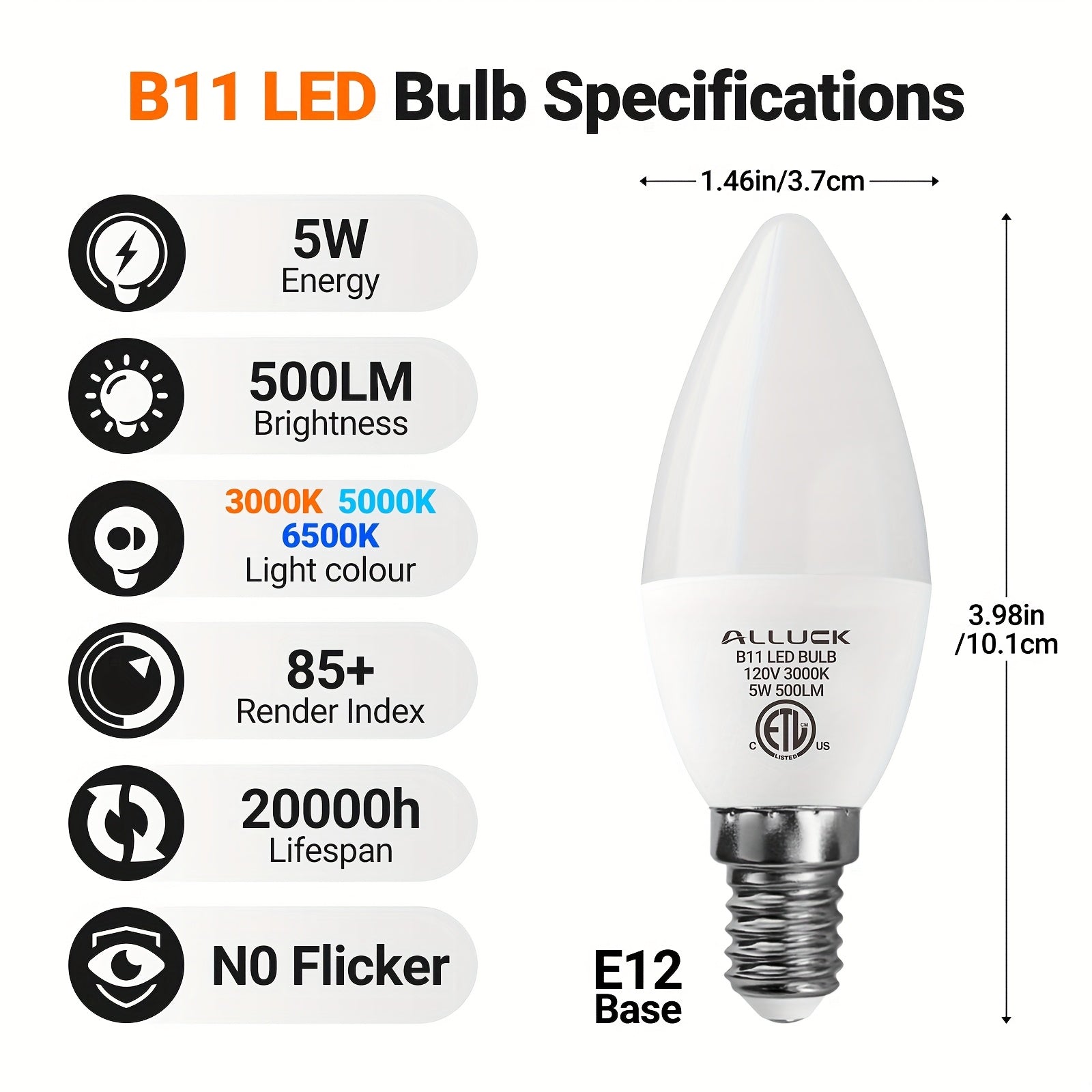ALLU, 12-pack, B11/C37 LED candelabra bulb 5W 500 lumens (50W equivalent), E12 base, CRI 85+, 3000K/5000K/6500K color temperature, AC110-130V non-dimmable, suitable for home, bar, restaurant and hotel decoration