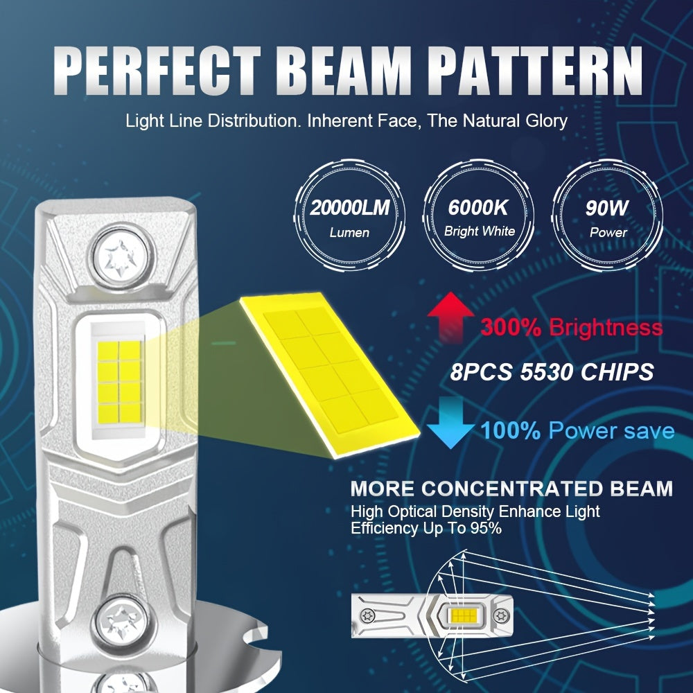 H3 LED Bulbs, Super Bright 1:1 Mini Size 20000LM 90W 12V 6000K White Fanless H3 LED Bulbs, for Fog Light, Daytime Running Light, High/Low Beam, Plug-and-Play, No Adapter Needed, Non-Polarity, 2-Pack
