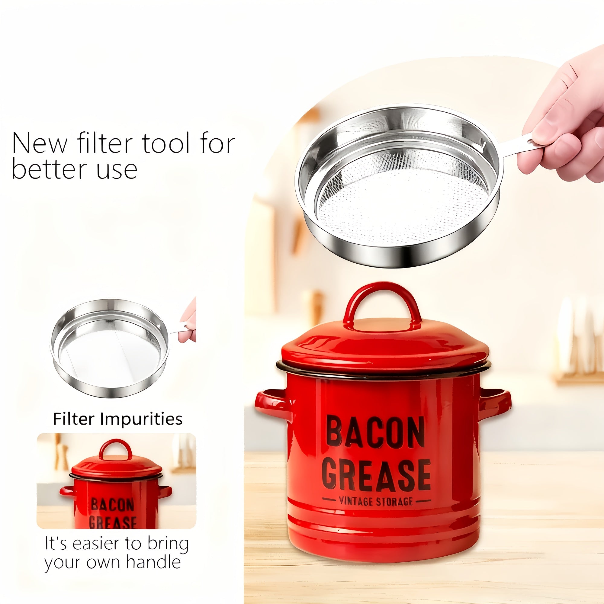 Grease Storage Can with Lid, Safe Pour Spout and Handle, Kitchen Cooking Oil Filter Storage Container, Household Frying Oil & Cooking Oil Filter Pot, Essential for Home Kitchen