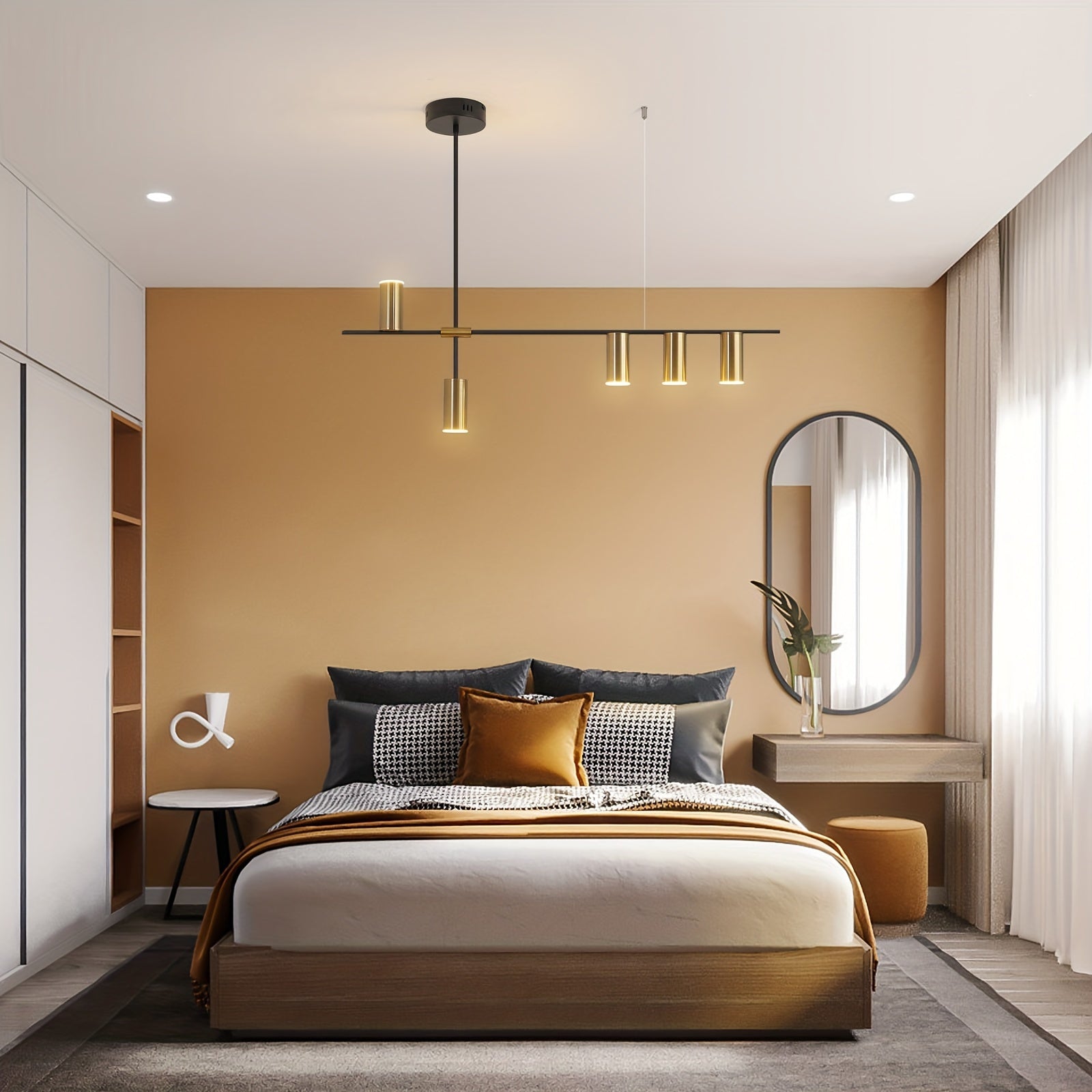 Adjustable dimmable linear pendant light, with remote control, modern LED pendant light design, polished metal lamp head, black and gold hanging light, suitable for kitchen island, dining room and living room