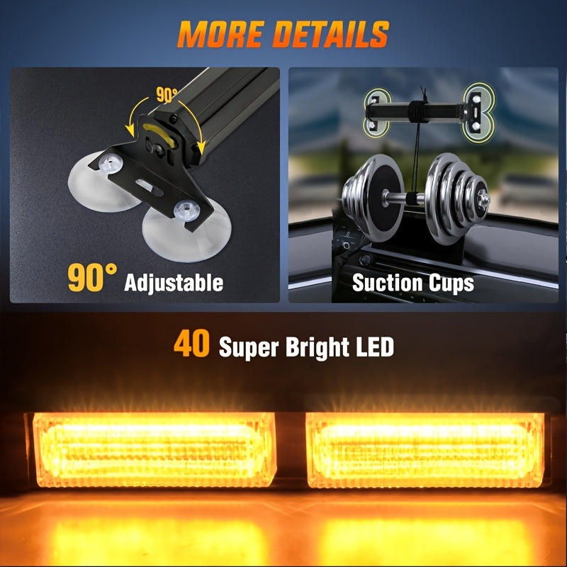 40 LED Amber Traffic Warning Light, Suction Cup Mount, Fit Front & Rear Windshield, For Trucks, Engineering Vehicles & Tow Trucks