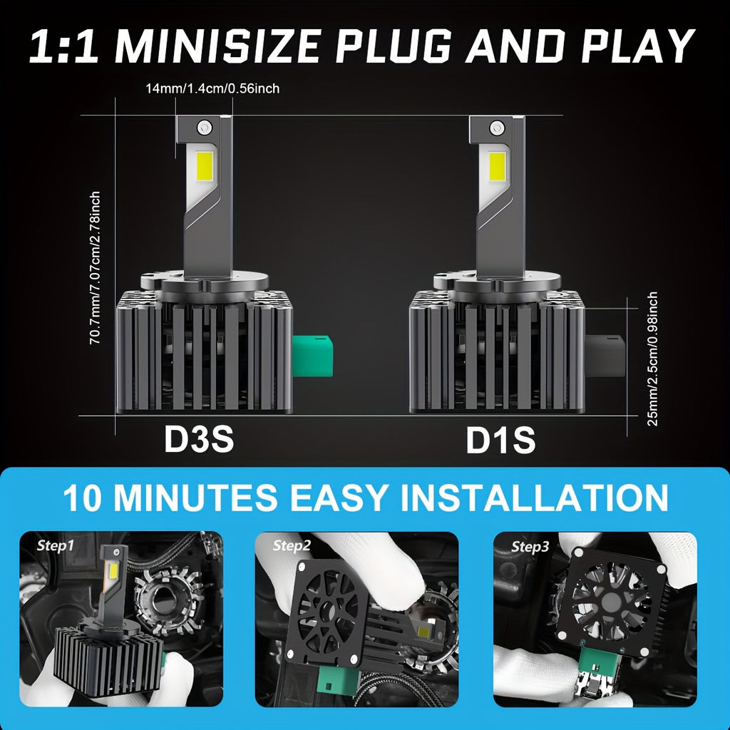 2Pcs D3S LED Headlight HID D1S D1R D3R Led Bulbs 12V 24V Canbus Error-Free Turbo LED 40000LM Each Side CSP Chip Car Light Auto Light 6500K Plug-and-Play