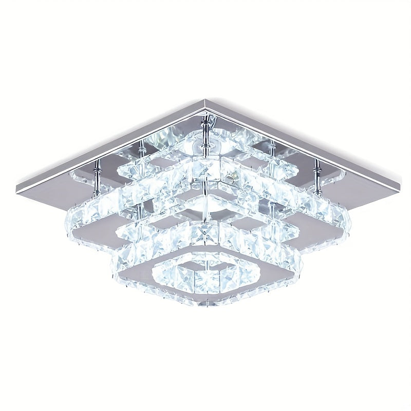 Crystal ceiling light square chandelier modern LED recessed two-layer ceiling light lighting fixture suitable for dining room living room bedroom kitchen hallway hall (cool white light)