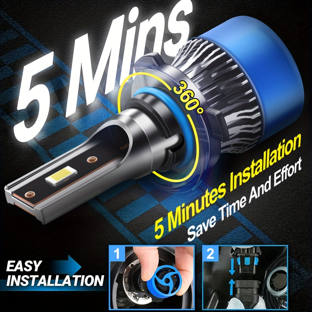 2Pcs H1 H7 H11 9005 9006 9012 H4 H13 9007 9004 LED Car Headlights, Brightness 3570 CSP Chip 6000K White Light 60000 Lumens 200W High/Low Beam Fog Light Fast Heat Dissipation