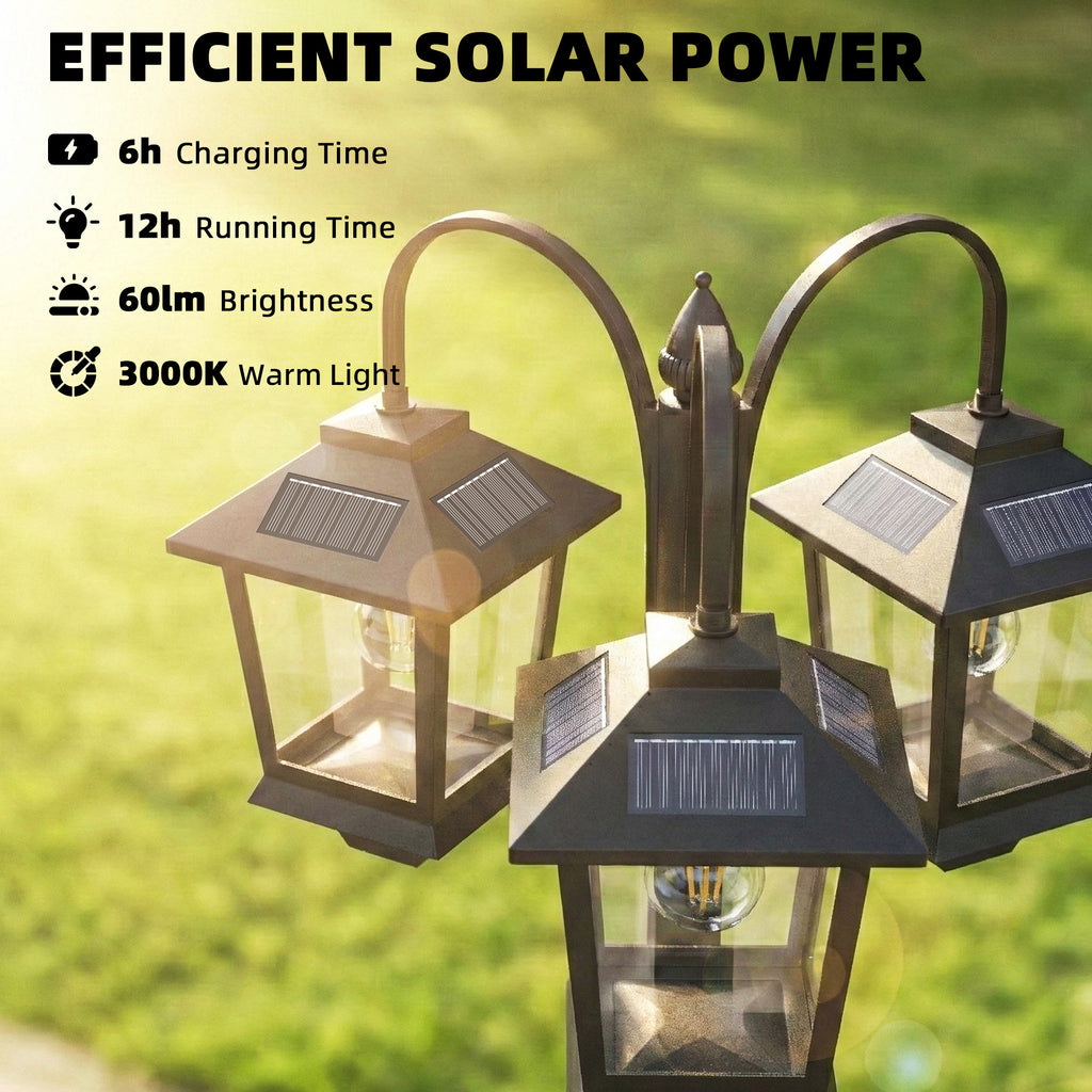 74-Inch 3-Head Solar Lamp Post Light, Waterproof LED Solar Light Pole with Automatic Dusk-to-Dawn Sensor, IP44 Waterproof, Outdoor Lamp Post for Garden Courtyard Driveway, Black