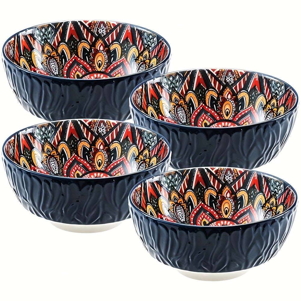4-Piece Bohemian Style Ceramic Bowl Set, 6.5-Inch, Pattern Design, Striped Salad Bowl, Multi-Purpose – Perfect for Cereal, Soup, Oatmeal, Pasta Bowl, Large Salad Bowl