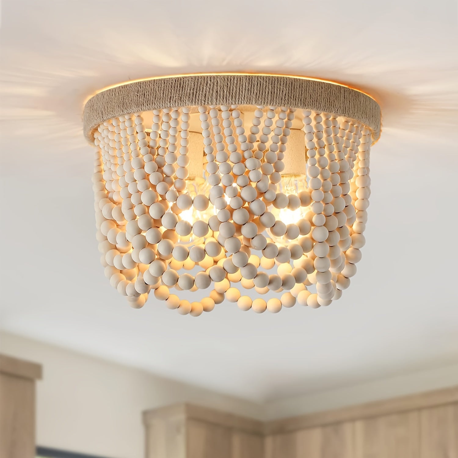 Bohemian Farmhouse Lighting, Wood Bead Pendant Light, Finished 3-Light Semi-Flush Mount Ceiling Light, Bedroom Rustic Mini Pendant Light, Hallway Bedroom Kitchen Living Room, E26 E27 Base (Bulb Not Included)