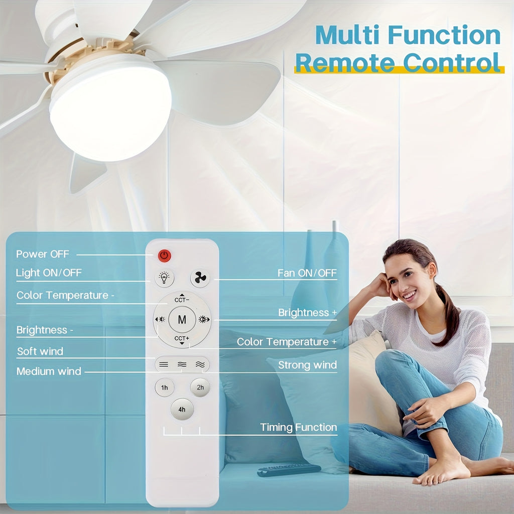 High Power E27 Base Ceiling Fan 30W with Dimmable LED Light, Silent Motor Remote Control Fan Light, E27 Extended Base, 3 Speed & Color Temperature Adjustment, Energy Saving Easy Installation for Living Room Bedroom