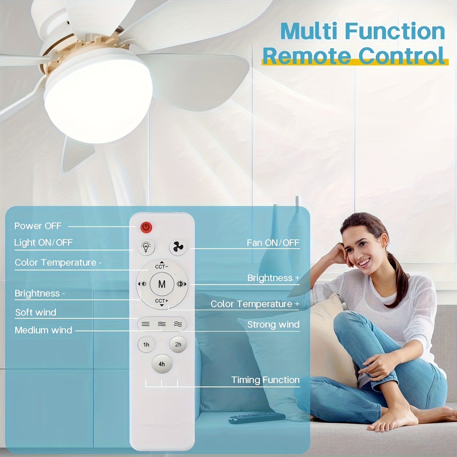 High Power E27 Base Ceiling Fan 30W with Dimmable LED Light, Silent Motor Remote Control Fan Light, E27 Extended Base, 3 Speed & Color Temperature Adjustment, Energy Saving Easy Installation for Living Room Bedroom