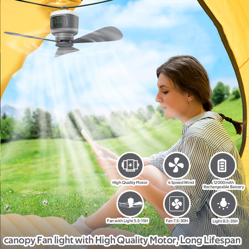 Camping Fan with 4 Speed & LED Light, 8 Hours Timer, Up to 30H Working Time, 12000mAh Battery Ceiling Fan with Remote Control
