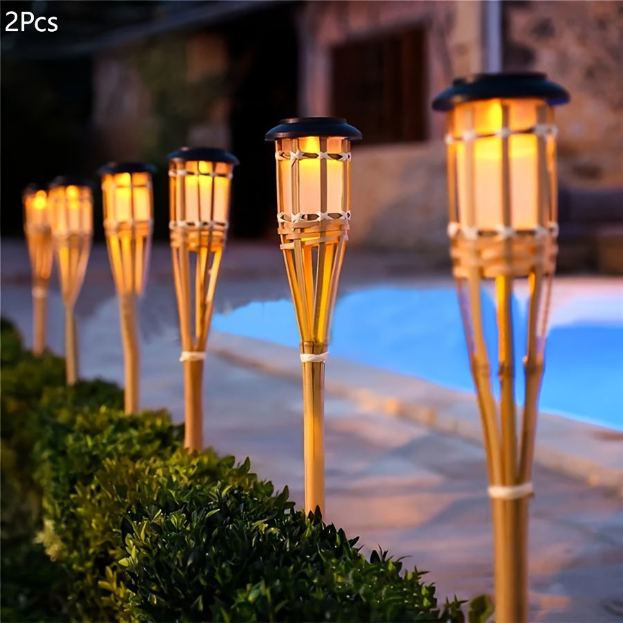 Solar Bamboo Craft Lawn Light, Warm Cozy Light, Flickering Flame Effect, Outdoor Lighting, Bamboo Ground Insert Torch Light, for Courtyard, Garden Path, Landscape Decoration