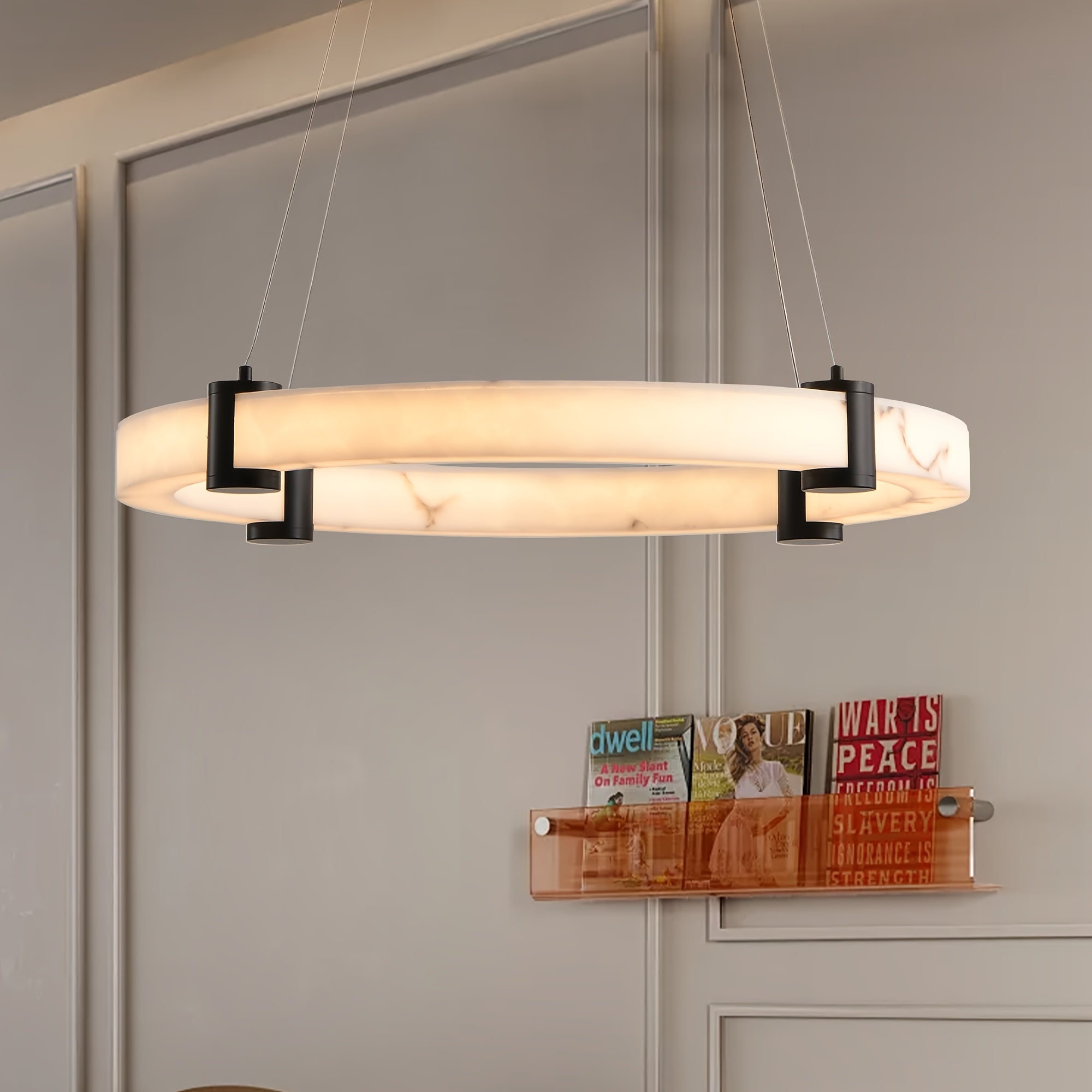 23.6-inch modern LED pendant light, round height-adjustable pendant light, warm light, faux marble finish resin ring ceiling light, suitable for dining room, kitchen island, living room