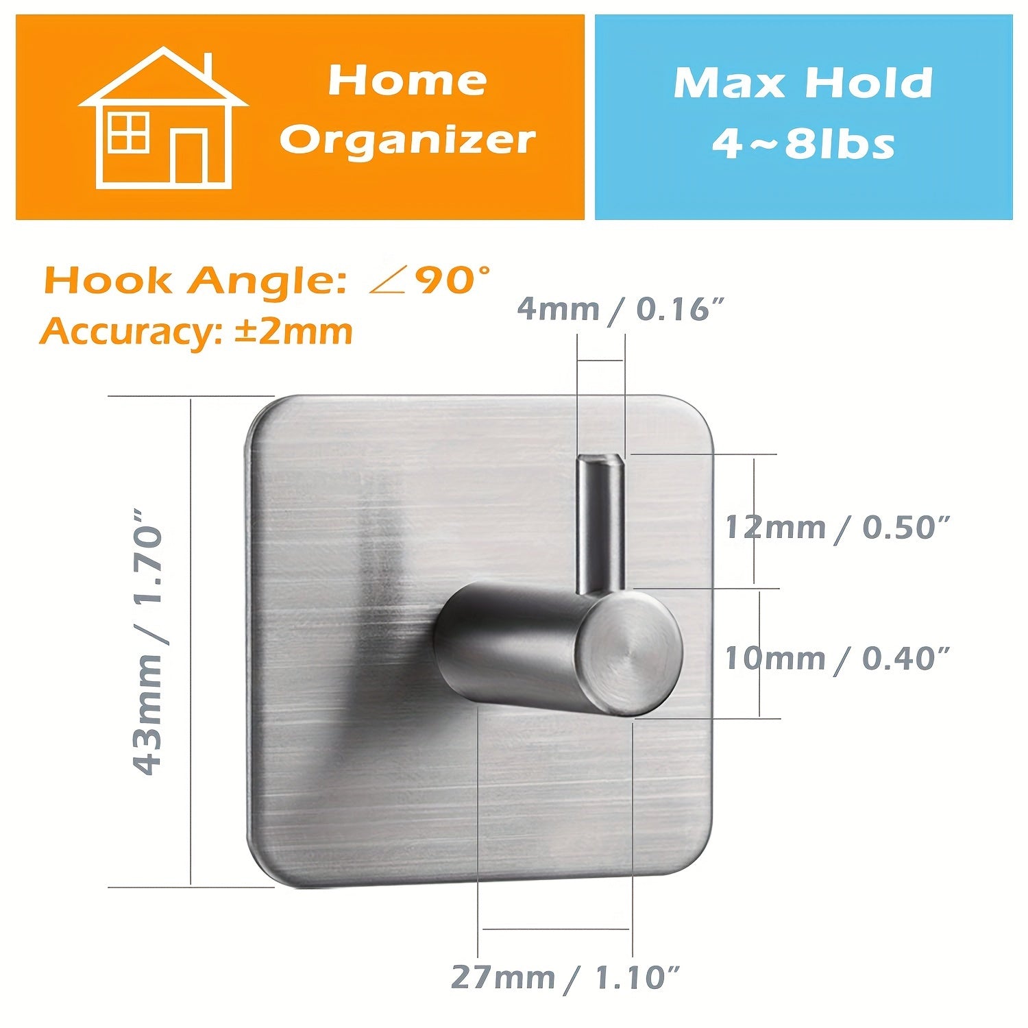 4 Pack Heavy Duty Adhesive Hooks - Towel Hooks, Stick-on Wall Hooks, Waterproof Stainless Steel for Bathroom, Kitchen & Home - Black & Silver