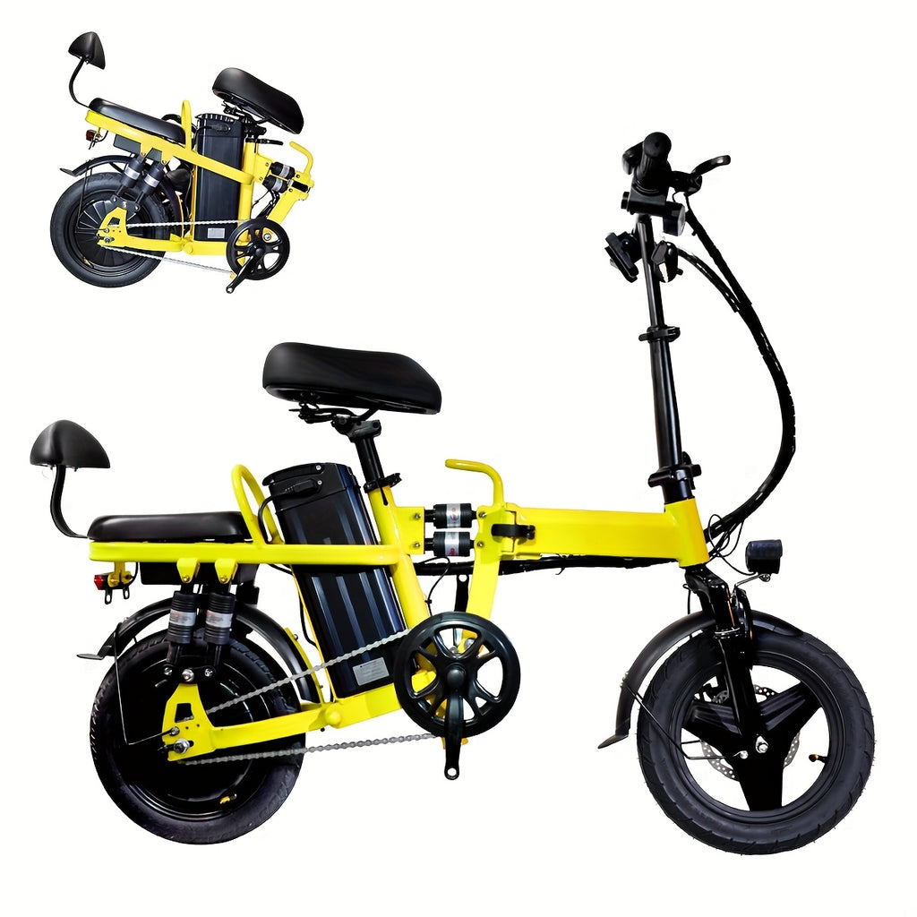 750W重型折叠电动自行车 - 带前篮、后架及快速折叠机制 - 20-28英里/小时速度，全天续航 - 轻量合金钢框架 - 兼容美式插座 - 适合城市通勤、山地骑行、休闲出行 - 黄色电动自行车