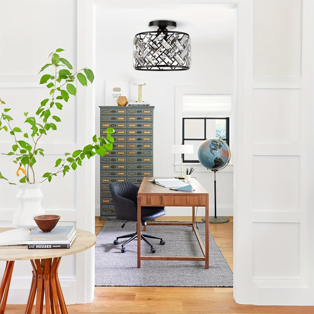 Amansur Modern Semi-Flush Mount Crystal Black Frame Ceiling Light - Semi-Recessed Installation, Suitable for Kitchen, Living Room, Bathroom, Entryway - Controller Sold Separately